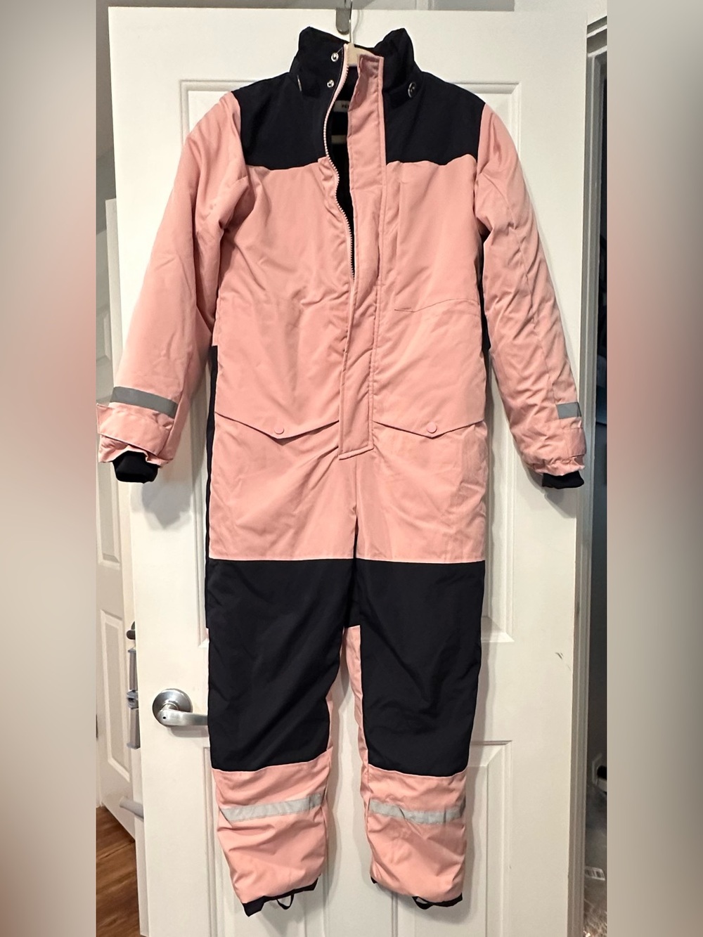 Kids Pink and Black One-Piece Snow Suit; Size 14/15. (Hood not included)